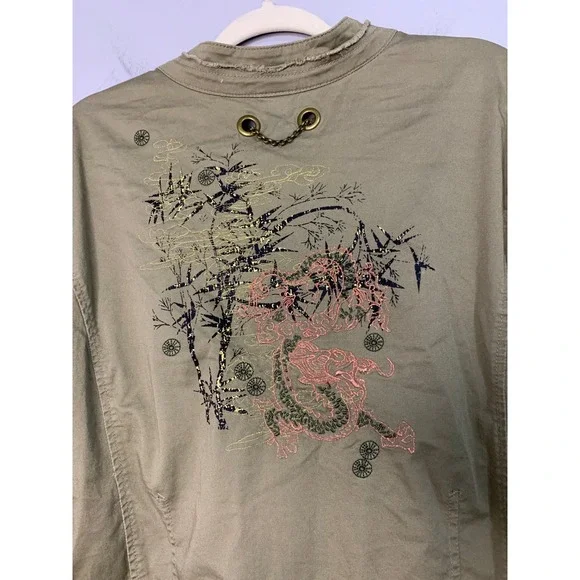 Venezia Women's Khaki Dragon Bamboo Embroidered Utility Jacket Size 26/28 - Picture 7 of 9